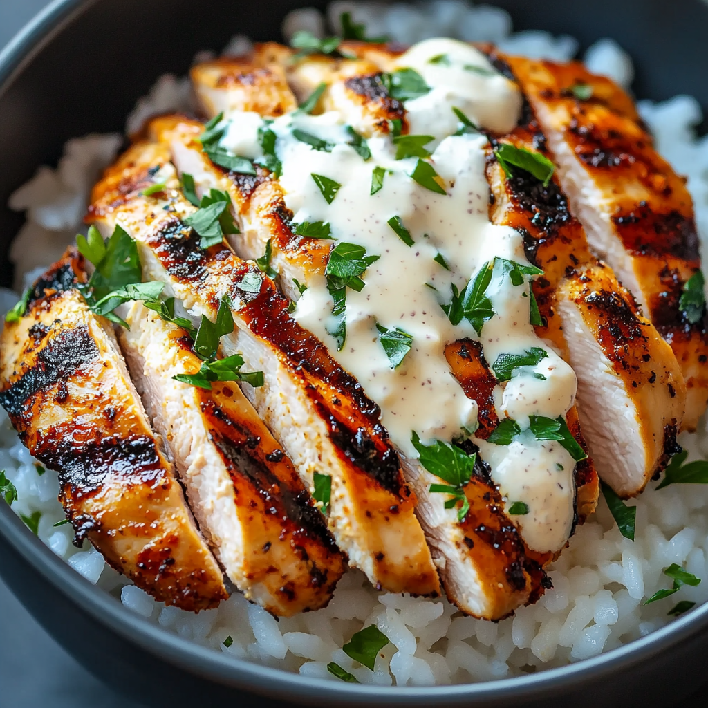 Chicken & Rice Bowls with Creamy Garlic Sauce