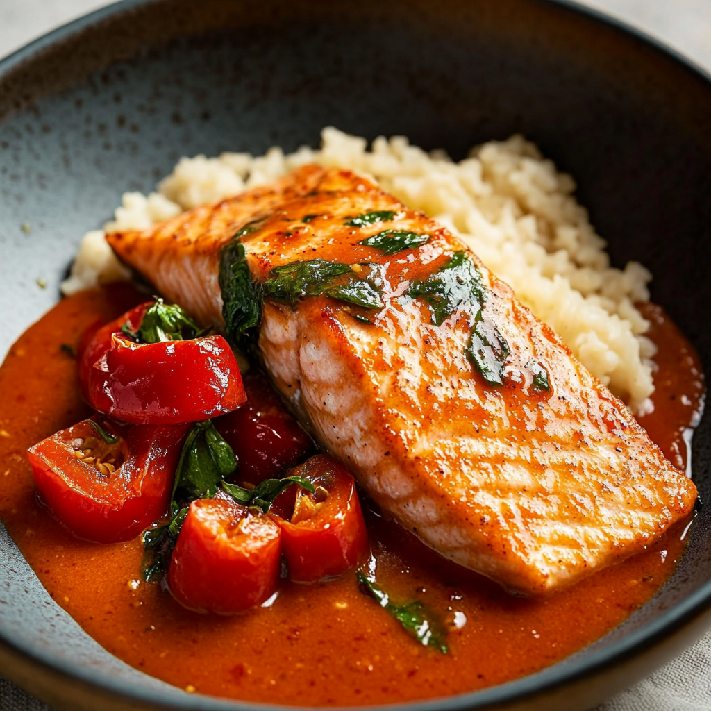Crispy Salmon with Roasted Red Pepper Sauce