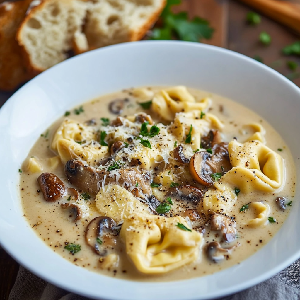 Creamy Asiago Chicken and Mushroom Tortellini Soup