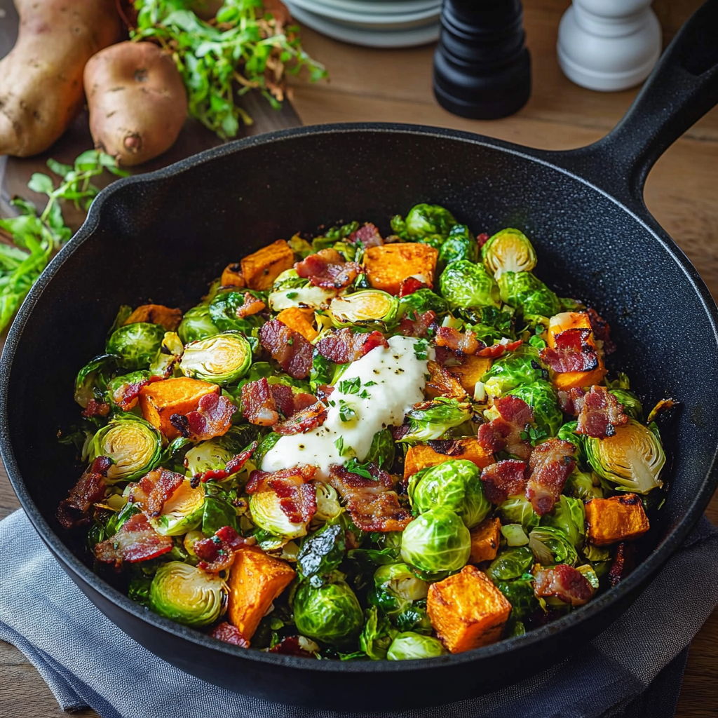 Brussels Sprout Hash with Sweet Potato and Bacon