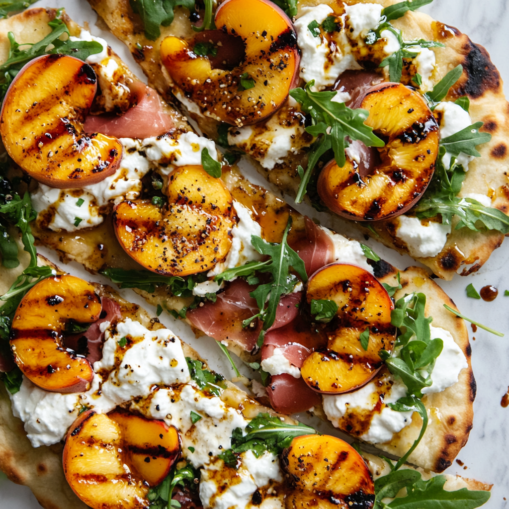 Grilled Peach & Burrata Flatbreads with Hot Honey