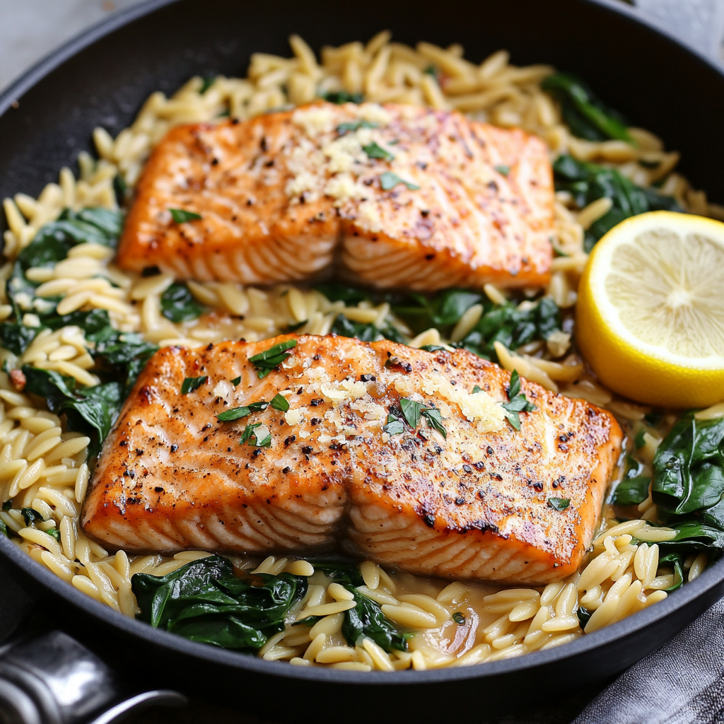 One Skillet Salmon with Lemon Orzo