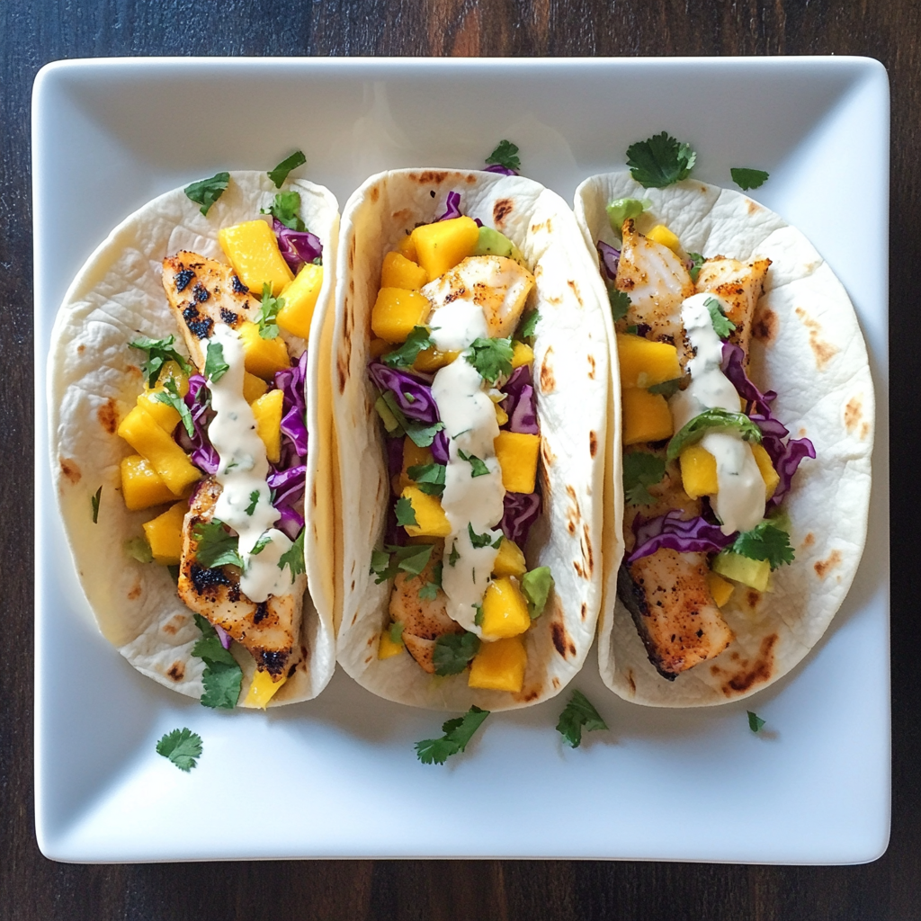 Mahi-Mahi Tacos with Mango Slaw & Jalapeño Crema