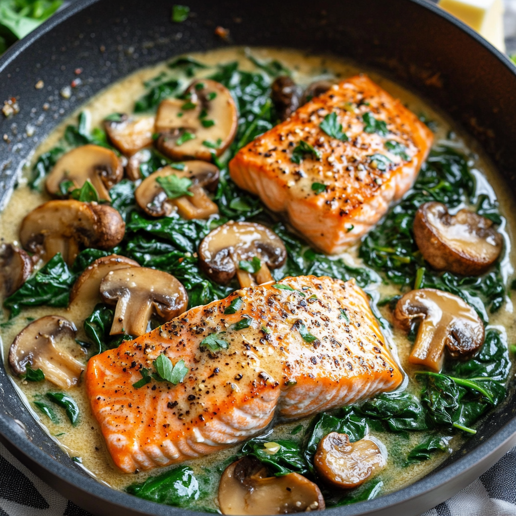 Garlic Butter Salmon with Spinach & Mushrooms