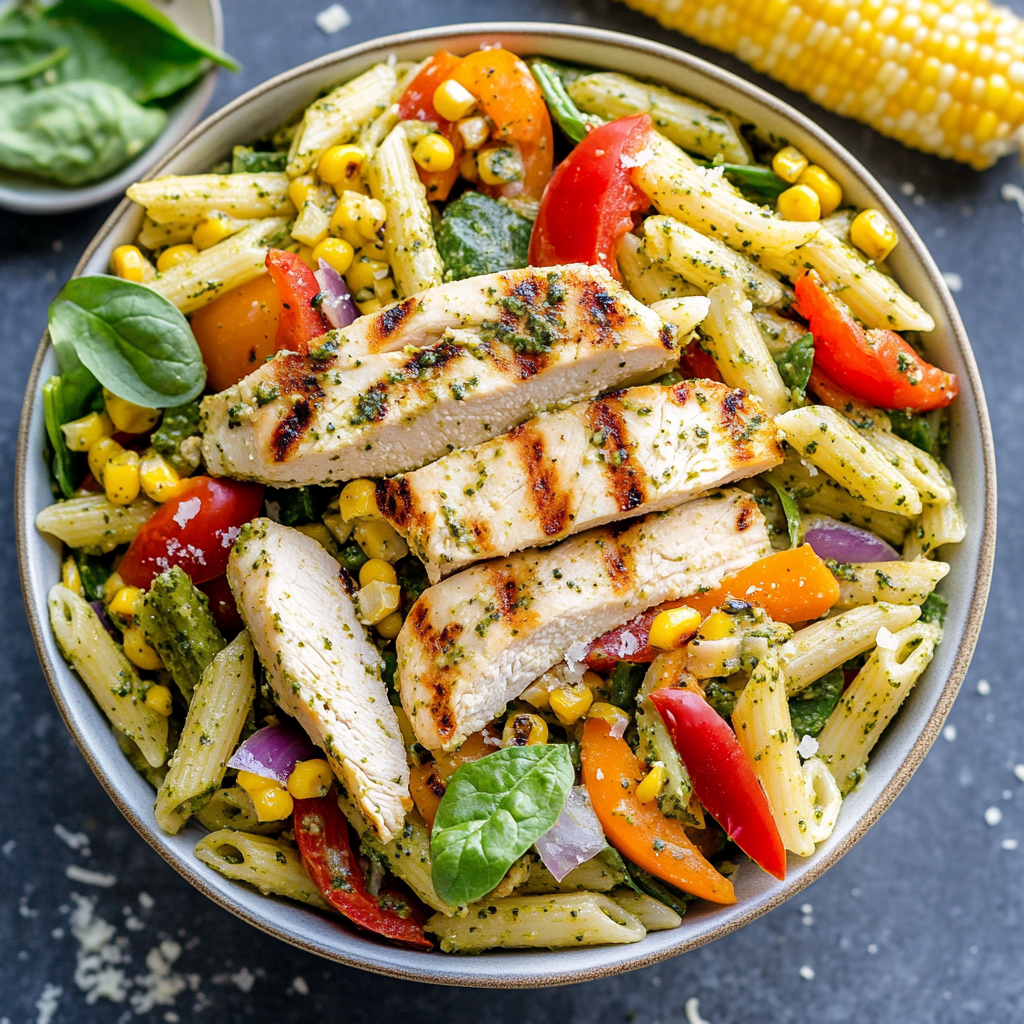 Summer Pesto Chicken Pasta Salad
