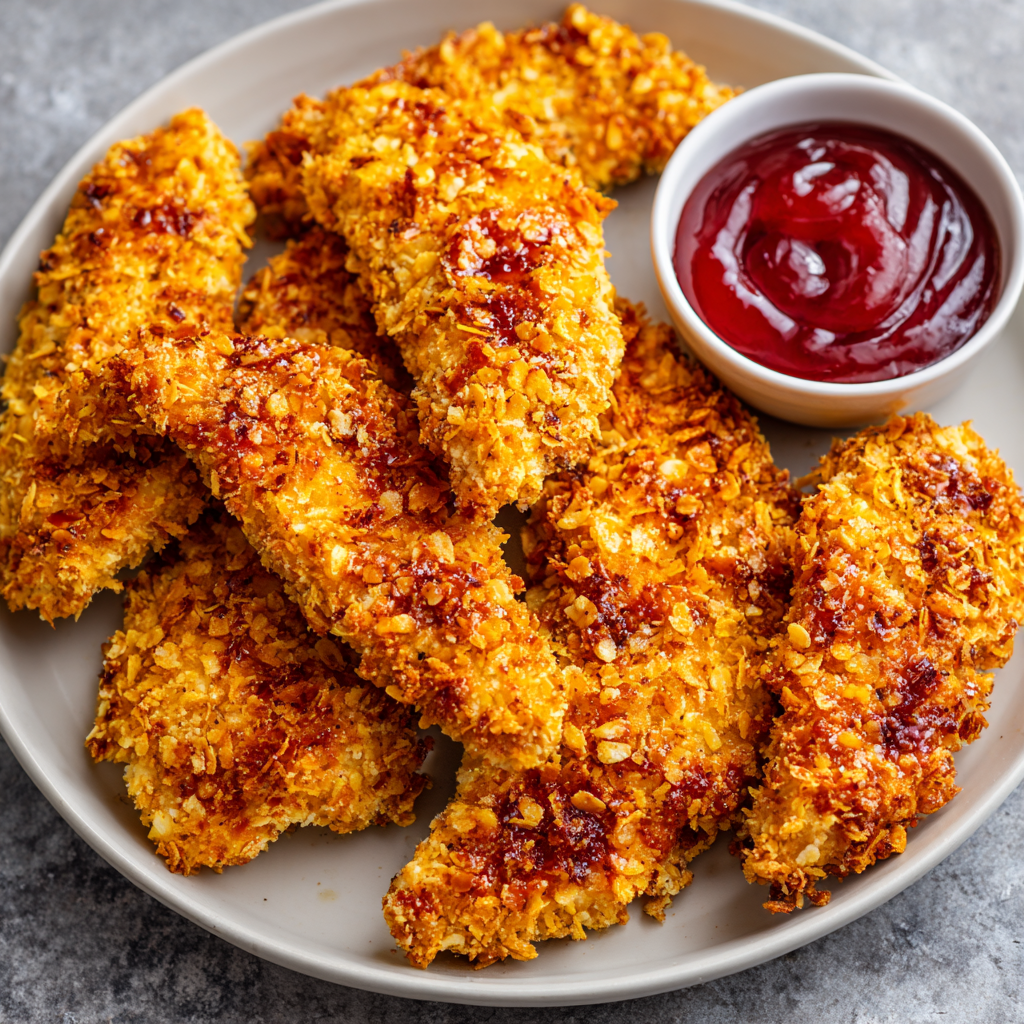 Air Fryer Crispy Cornflake Chicken Tenders with Hot Honey