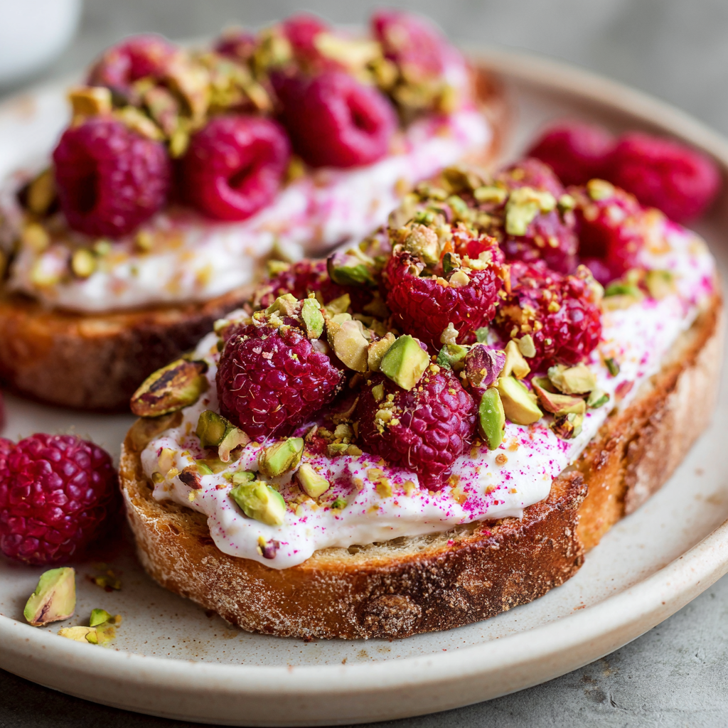 Raspberry Yogurt Toast with Pistachios & Fresh Berries