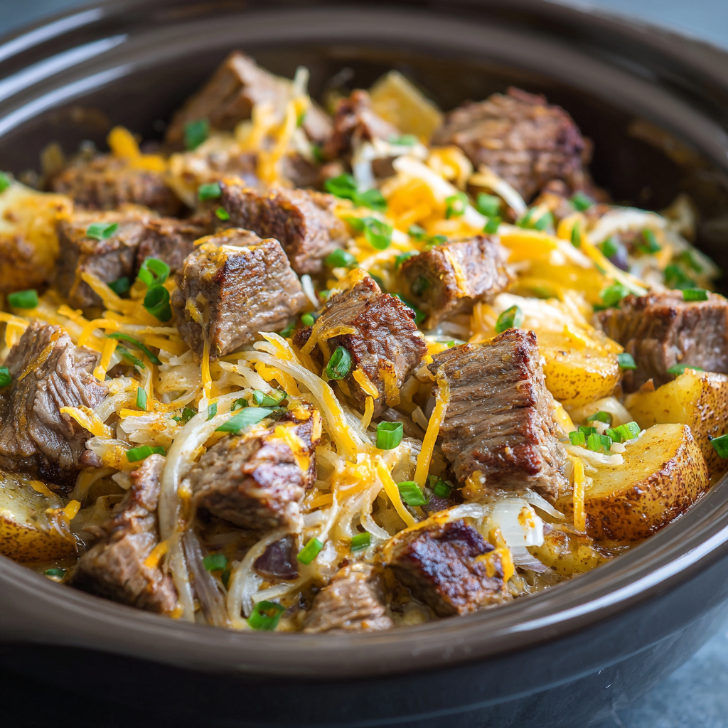 Slow Cooker Steak & Cheddar Potato Casserole