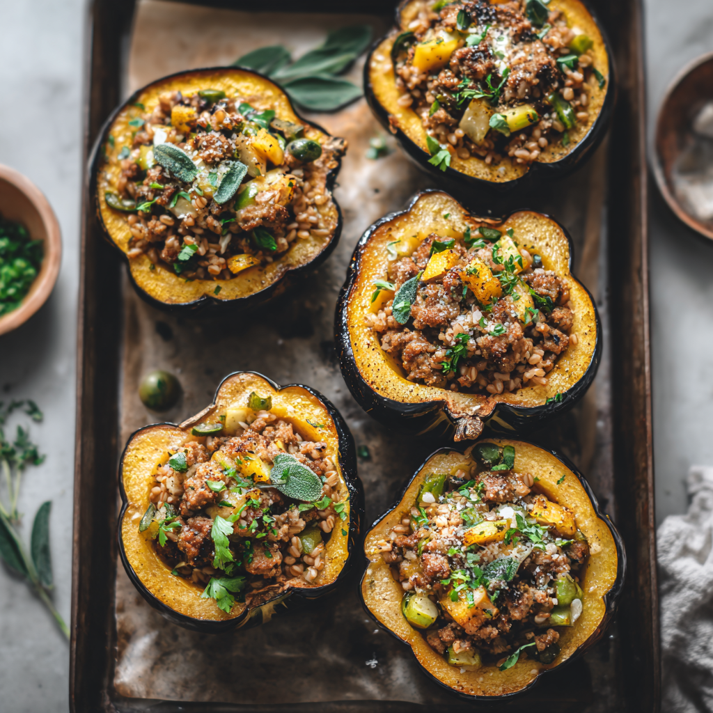 Stuffed Acorn Squash with Farro & Chicken Sausage
