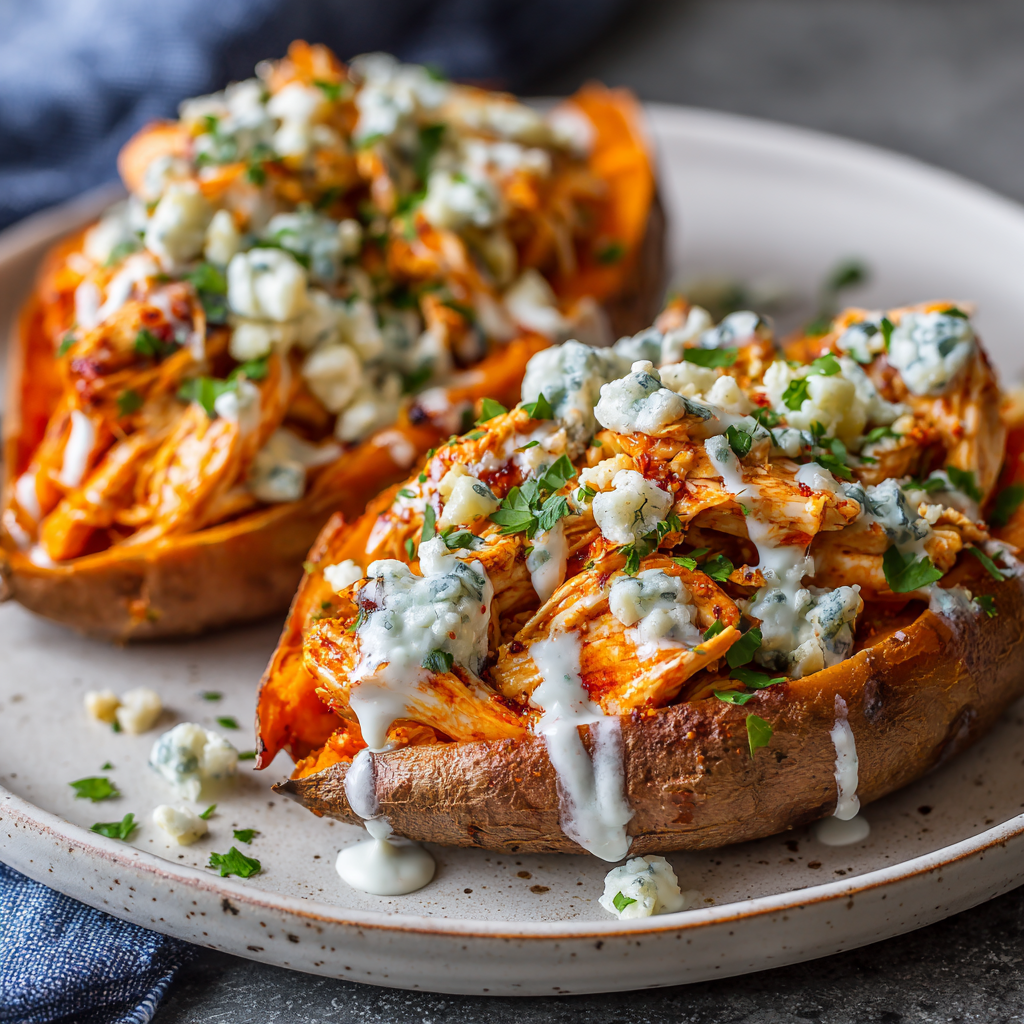 Skinny Buffalo Chicken Stuffed Sweet Potatoes